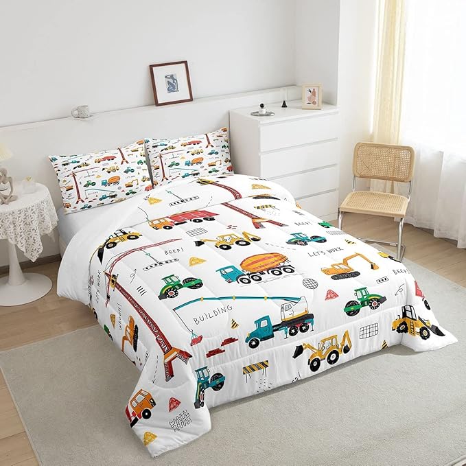 Feelyou Heavy Machinery Truck Bedding Set Tractor Crane Comforter Set for Kids Boys Girls Youth Construction Site Comforter Nursery Decor Quilt Set Room 3Pcs Queen Size