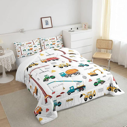 Heavy Machinery Truck Bedding Set Tractor Crane Comforter Set for Kids Boys Girls Youth Construction Site Comforter Nursery Decor Quilt Set Room 3Pcs Full Size