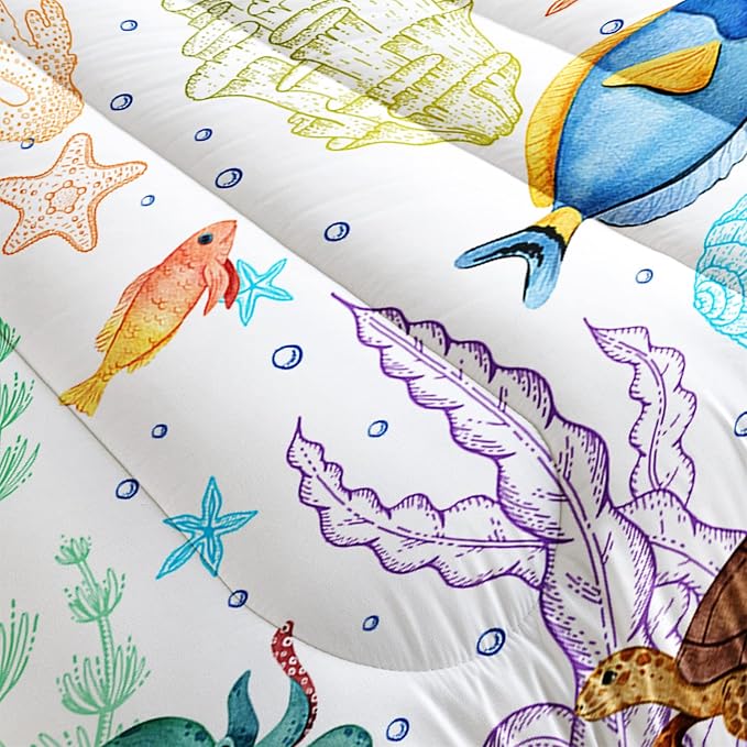 Turtle Comforter Set Queen Ocean Watercolor Sea Turtle Bedding Set Tropical Fish Marine Life Bed Set with 2 Pillowcases for Kids Room Decor