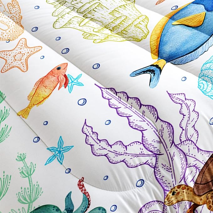 Turtle Comforter Set Queen Ocean Watercolor Sea Turtle Bedding Set Tropical Fish Marine Life Bed Set with 2 Pillowcases for Kids Room Decor
