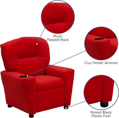 Flash Furniture Chandler Microfiber Kids Recliner with Cup Holder and Safety Recline, Contemporary Reclining Chair for Kids, Supports up to 90 lbs., Red