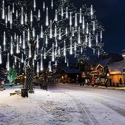Christmas Lights Outdoor UL Certified Meteor Shower Lights 12Inch 8Tubes 192LED Falling Rain Drop Lights Icicle Snow Cascading Xmas Lights for Tree Wedding Party Garden Decoration,White