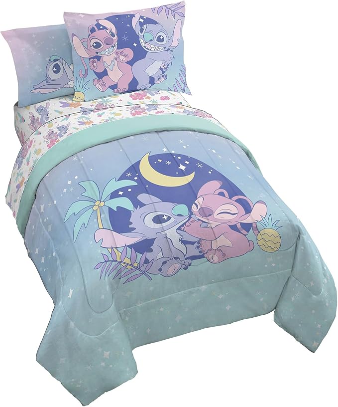 Disney Lilo and Stitch Twin Size Comforter Set - 5 Piece Floral Bedding includes Sheet Set & Pillow Covers Features Angel - Super Soft Purple & Teal Stars Kids Bedding