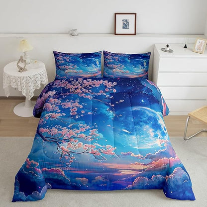 Manfei Cherry Blossoms Comforter Set Twin Size,Moonnight Cloud Starry Sky Bedding Set,Girls Women Room Decor,Sakura Flowers Chinese Style Down Comforter,Pink Blue Romantic Duvet Insert,1 Pillowcase