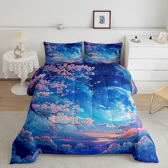 Manfei Cherry Blossoms Comforter Set Full Size,Moonnight Cloud Starry Sky Bedding Set,Girls Women Room Decor,Sakura Flowers Chinese Style Down Comforter,Pink Blue Romantic Duvet Insert,2 Pillowcases