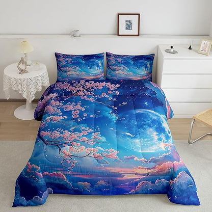 Manfei Cherry Blossoms Comforter Set Full Size,Moonnight Cloud Starry Sky Bedding Set,Girls Women Room Decor,Sakura Flowers Chinese Style Down Comforter,Pink Blue Romantic Duvet Insert,2 Pillowcases