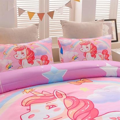 Aimuan Girls Unicorn Comforter Set 3 Pieces Pink Purple Bedding Set with Rainbow Star Galaxy Stars Fantasy Children Room Decor Soft Reversible Bed Sets for Boys/Girls/Teens (Pink Full3Pcs)