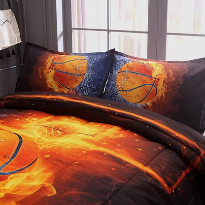 Btargot Twin Basketball and Fire Quilt Set Bedding Sets, 3D Sports Themed Bedding, All-Season Reversible Quilted Duvet, for Children Boy Girl Teen Kids - includes 1 Comforter, 2 Pillow Sham