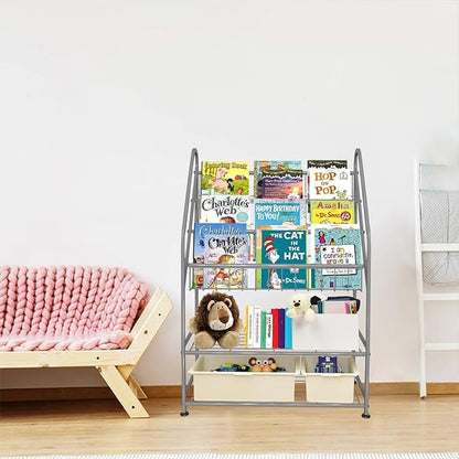 aboxoo Metal Kids Bookshelf Grey Toy Chests & Organizers Large Freestanding for Children Toy Chests & OrganizersRoom 25 in Toy Organizer Large Stable Bookcase Bookstore Library Bed Living Room