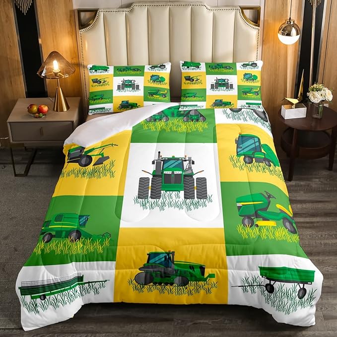 Erosebridal Tractor Comforter Set Queen Size, Cartoon Truck Bedding Set, Farm Excavator Down Comforter, Construction Vehicles Comforter for Kids Boys Girls Teens Car Theme Room Decor, 2 Pillow Cases