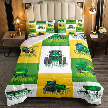 Erosebridal Tractor Comforter Set Full Size, Cartoon Truck Bedding Set, Farm Excavator Down Comforter, Construction Vehicles Comforter for Kids Boys Girls Teens Car Theme Room Decor, 2 Pillow Cases
