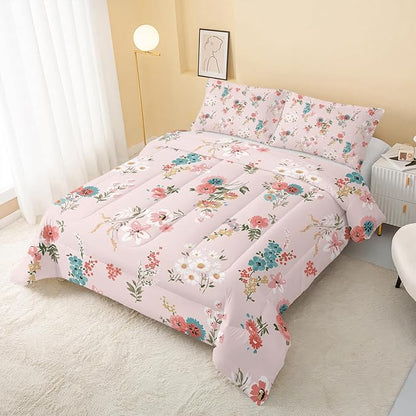 Floral Comforter Full Size,Pink Floral Kids Comforter Set,3Pcs Bedding Set Printed Comforter with 2 Pillowcases,Down Alternative,Soft and Lightweight,for All Seasons