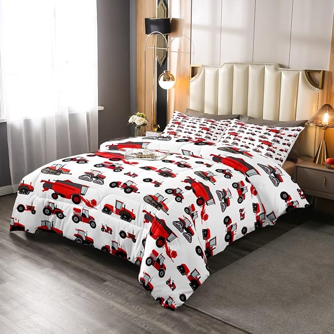 Erosebridal Red Tractor Comforter Set Full Size Heavy Equipment Truck Down Comforter Kids Boys Girls Teens Harvester Tractor Bedding Set Construction Excavator Farm Equipment Quilt Set