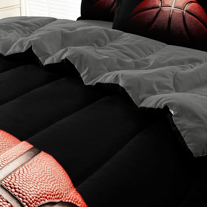 Teenage Boy Bedding Sets Full Size 5 Pieces Basketball Comforter Set for Boys Bed in a Bag Set, Basketball Bedding Full, Red Black