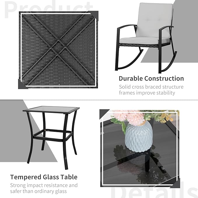 Shintenchi Outdoor 3 Piece Rocking Bistro Set, Wicker Patio Outdoor Furniture Porch Chairs Conversation Sets with Glass-Top Coffee Table for Backyard Porch Poolside Lawn, Garden,Gray