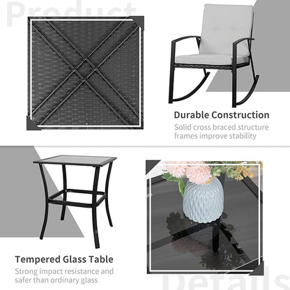 Shintenchi Outdoor 3 Piece Rocking Bistro Set, Wicker Patio Outdoor Furniture Porch Chairs Conversation Sets with Glass-Top Coffee Table for Backyard Porch Poolside Lawn, Garden,Gray