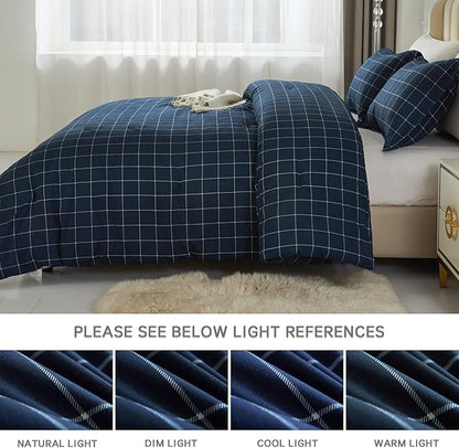 Andency Navy Grid Comforter Set Twin Size (66x90 Inch), 2 Pieces(1 Grid Comforter and 1 Pillowcase), Summer Lightweight Microfiber Down Alternative Navy Comforter with White Lines for Kids Girls
