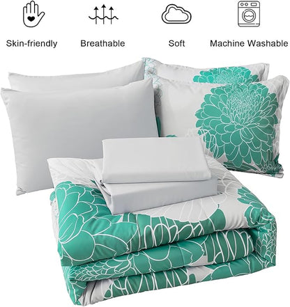 Yiran Grey Aqua Floral Queen Comforter Set Bed in a Bag Soft Microfiber Comforter Bedding Set 90"×90",7 Pieces (1 Comforter,2 Pillowcases,2 Pillow Shams,1 Flat Sheet,1 Fitted Sheet)