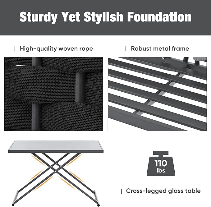 5-Piece Outdoor Furniture Sectional Conversation Sofa Set with Loveseat, Glass Table and Removable Cushions, All Weather Patio Woven Rope L-Shaped Couch for Garden Backyard, Black+Gray