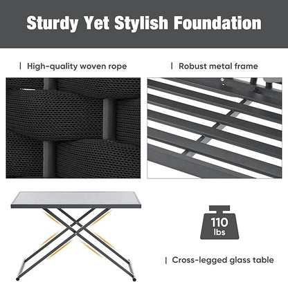 5-Piece Outdoor Furniture Sectional Conversation Sofa Set with Loveseat, Glass Table and Removable Cushions, All Weather Patio Woven Rope L-Shaped Couch for Garden Backyard, Black+Gray