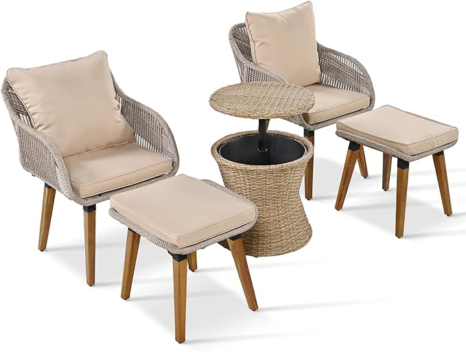 5-Pieces Outdoor Furniture Bistro Set with Wicker Cool Bar Table, Rope Weaving Patio Chairs and Ottomans for Porch Backyard Balcony Poolside, Onesize, Brown