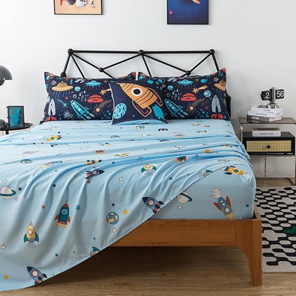 ADASMILE A & S Kids Space Comforter Set 6 Pieces Space Bedding Twin Size for Boys Space Ship Rocket Bedding Galaxy Bed in a Bag Comforter Twin Outer Space Bed Set with Blue Space Sheets Home Decor