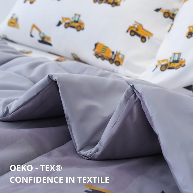 Twin Size Comforter Set for Boys, 4-Piece Bed in a Bag, 3D Construction Bedding Comforter Sheet Set, Ultra Soft and Fluffy, Cartoon Truck Cars