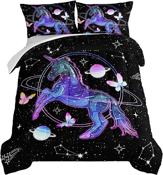 HOSIMA Unicorn Bedding Sets for Girls Kids,Butterfly Star Empty Galaxy Comforter,Unicorn Bedroom Decor for Girls Boys,Soft Microfiber Black Queen Comforter Set,Butterfly Crib Bedding Set.