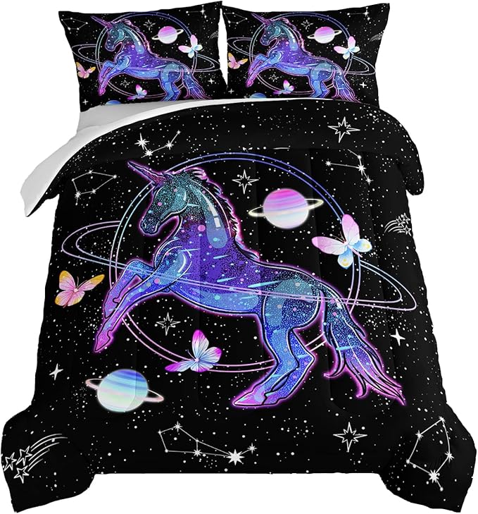HOSIMA Unicorn Bedding Sets for Girls Kids,Butterfly Star Empty Galaxy Comforter,Unicorn Bedroom Decor for Girls Boys,Soft Black Comforter Full Size Bed in a Bag Set,Butterfly Crib Bedding Set.