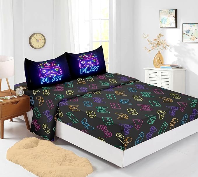 Gamer Comforter Sets,Gaming Bedding Set for Boys 6 pcs,Kids Comforter Sets for Boys,Twin Purple Comforter Sets for Boys,Bed in A Bag with Sheets(Twin,Purple Color)