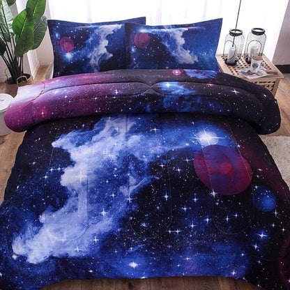 JQinHome Twin Galaxy Comforter Sets Blanket, 3D Outer Space Themed Bedding, All-Season Reversible Quilted Duvet, for Children Boy Girl Teen Kids - includes 1 Comforter, 1 Pillow Sham (Dark Blue)