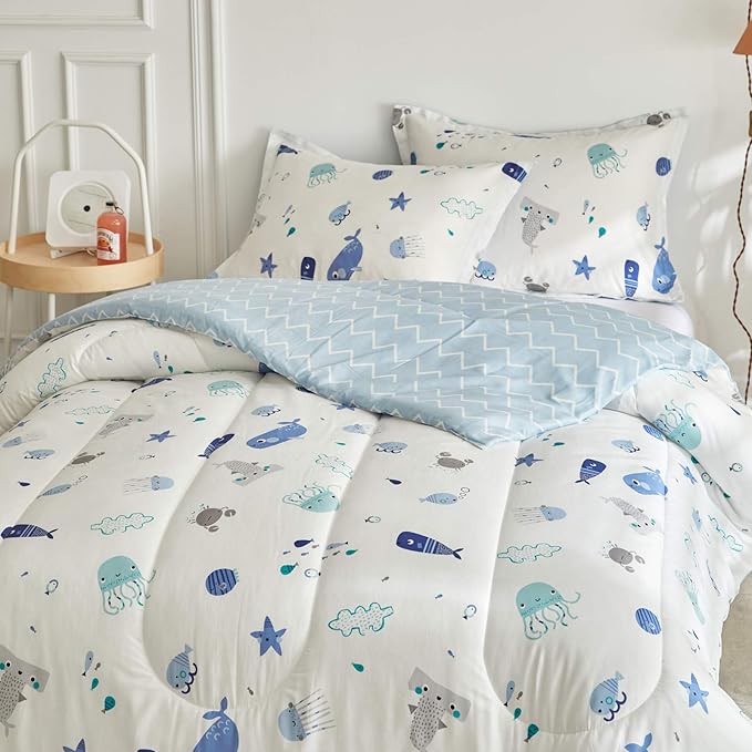 Joyreap 3pcs Premium Cotton Comforter Set for Kids Boys n Girls, Vibrant Ocean Theme Starfish Whale Crab Printed, Skin-friendly Breathable Bedding Comforter for All Season (Twin, 68x88 inches)