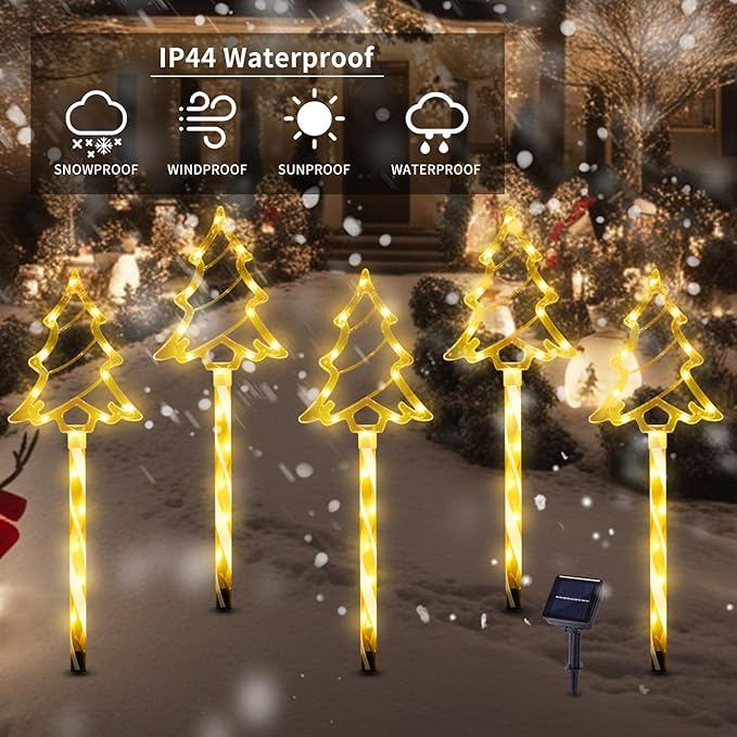 Solar Christmas Pathway Lights Outdoor Decorations, 8 Modes Xmas Tree Candy Lights Waterproof Led Garden Stake Lights for Walkway Yard Lawn Porch Holiday Decor 5-Pack (Warm White Xmas Tree Lights)