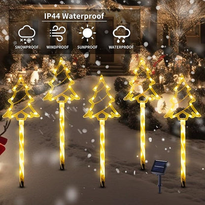 Solar Christmas Pathway Lights Outdoor Decorations, 8 Modes Xmas Tree Candy Lights Waterproof Led Garden Stake Lights for Walkway Yard Lawn Porch Holiday Decor 5-Pack (Warm White Xmas Tree Lights)