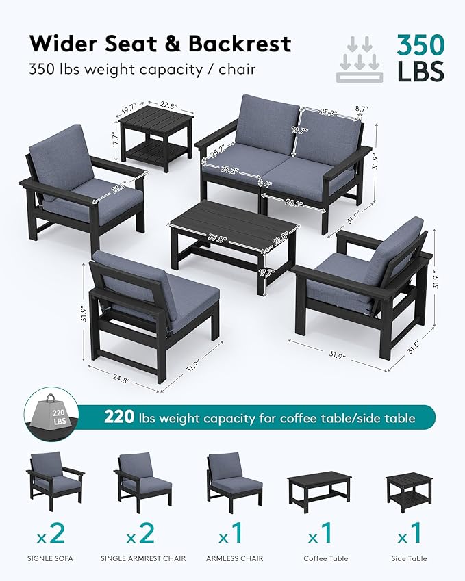 SERWALL HDPE Patio Coversation Set, 7-piece Outdoor Sectional Sofa Set, All Weather Patio Couch Set Patio Furniture for Balcony, Deck, Black Frame with Grey Cushion