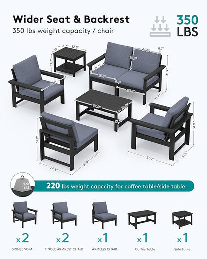 SERWALL HDPE Patio Coversation Set, 7-piece Outdoor Sectional Sofa Set, All Weather Patio Couch Set Patio Furniture for Balcony, Deck, Black Frame with Grey Cushion