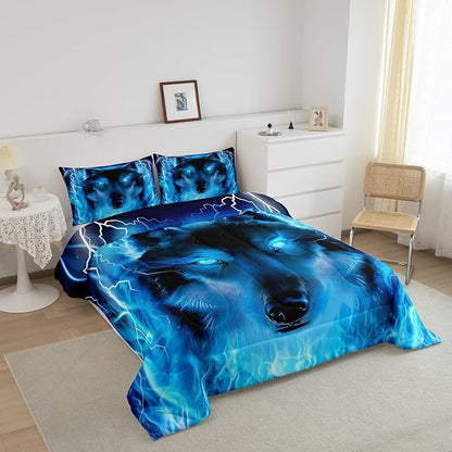 Feelyou Wolf Bedding Set Safari Animal Pattern Comforter Cool Wildlife Style Comforter Set for Boys Girls Kids Room Decor Glitter Blue Wild Wolf Lightweight Duvet Set King Size with 2 Pillow Case