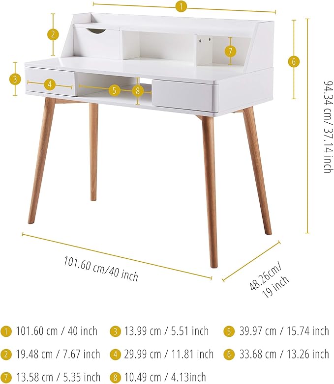 Teamson Home Creativo Writing Study Computer Desk with Solid Wood Legs, Storage Drawers and Open Shelves Hutch for Home Office Living Room Reading Bedroom, 37 inch Height, White