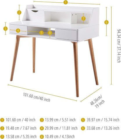 Teamson Home Creativo Writing Study Computer Desk with Solid Wood Legs, Storage Drawers and Open Shelves Hutch for Home Office Living Room Reading Bedroom, 37 inch Height, White