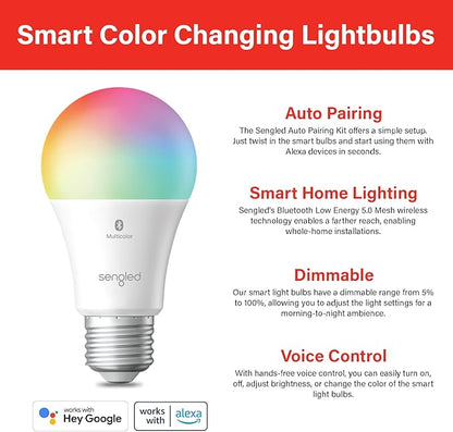 Sengled Smart Light Bulbs, Color Changing Alexa/Bluetooth Mesh, Dimmable LED Bulb A19 E26 Multicolor, High CRI, High Brightness, 8.7W 800LM, 1Pack
