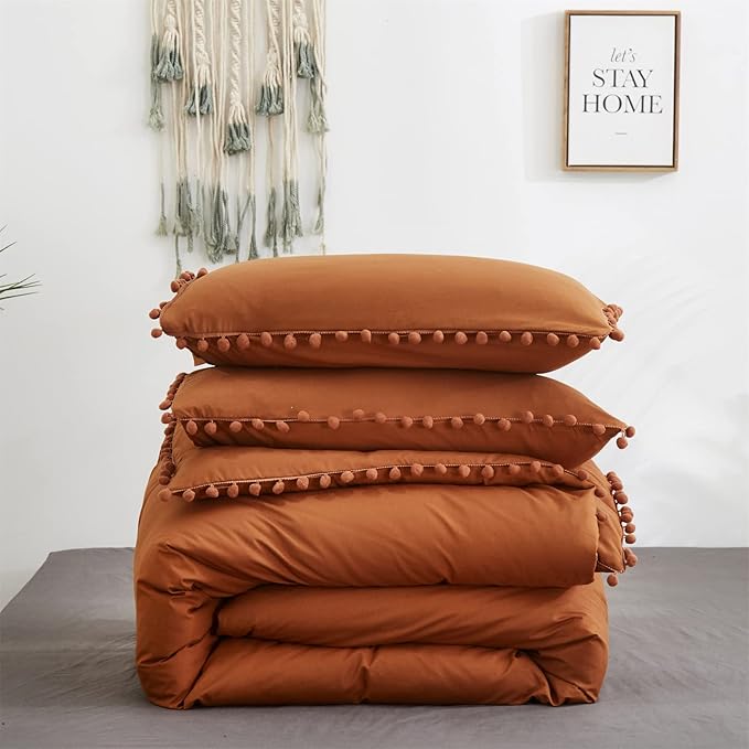 Pumpkin Comforter Set Full Burnt Orange Pom Comforter 3 Pieces Pumpkin Color Boho Ball Pom Fringe Full Comforter Bedding Set Women Solid Pumpkin Full Bed Comforter Set All Season Gift