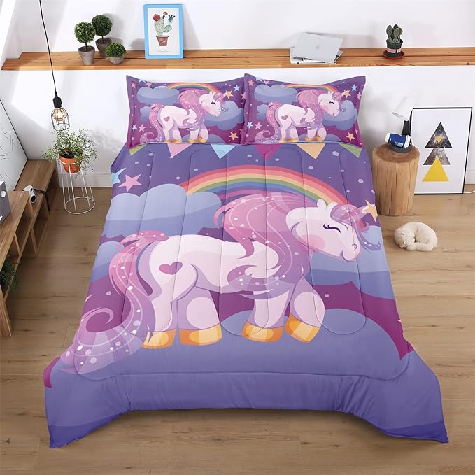 Unicorn Twin Bedding Sets for Girls Kids Comforter Set Twin Size with 2 Pillowcases Purple Rainbow Glittering Unicorn Room Decor for Girls Bedroom Ultra Soft Machine Washable Toddler Bed Set