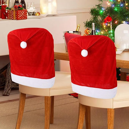 Christmas Chair Covers Set of 6,Red and White Santa Claus Hat Chair Back Covers for Xmas Holiday Festival Indoor Kitchen Bar Counter Stools Decorations Dining Room Table Decor