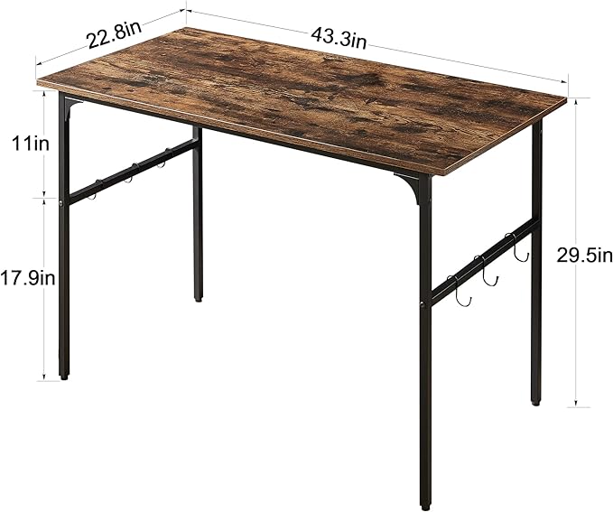 VECELO 44" Computer Writing Desk for Home Office, Study Table Workstation for Small Spaces with 6 Hooks & Adjustable Legs, Metal Frame,Brown, 44Inches