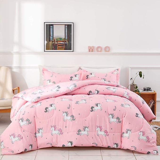 UOZZI BEDDING Bed in a Bag 7 Pieces King Size Unicorn Pink with Rainbow Star - Soft Microfiber, Reversible Bed Comforter Set (1 Comforter, 2 Pillow Shams, 1 Flat Sheet, 1 Fitted Sheet, 2 Pillowcases)