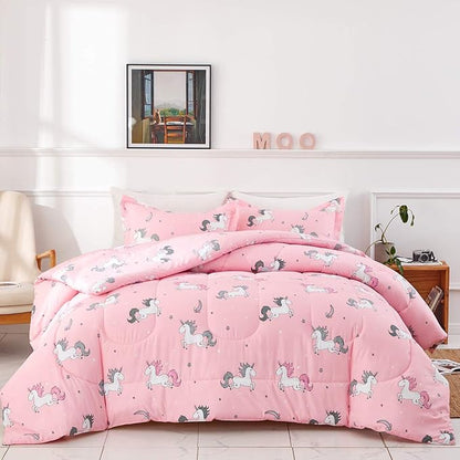 UOZZI BEDDING Bed in a Bag 7 Pieces King Size Unicorn Pink with Rainbow Star - Soft Microfiber, Reversible Bed Comforter Set (1 Comforter, 2 Pillow Shams, 1 Flat Sheet, 1 Fitted Sheet, 2 Pillowcases)
