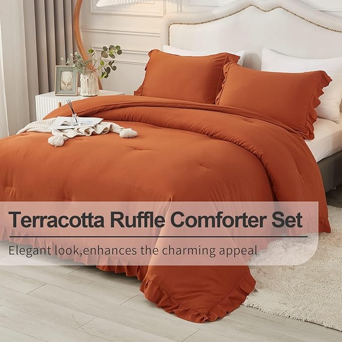 Andency California King Comforter Set Burnt Orange (104x96Inch), 3 Pieces Cal King Ruffle Comforter, Oversized Farmhouse Shabby Chic Bed Comforter, Lighteweight and Soft Microfiber Bedding Set