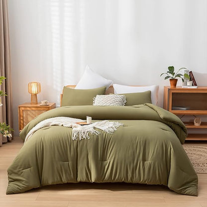 Olive Green Queen Comforter Set 3PCS Farmhouse Bed Comforter Set Queen Size Soft Lightweight Down Alternative Microfiber Comforter for All Season (1 Comforter, 2 Pillowcases)