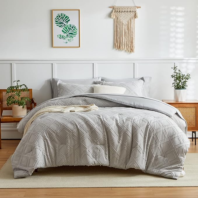 6 Pieces Tufted Bed in a Bag Twin Comforter Set with Sheets Light Grey, Soft and Embroidery Shabby Chic Boho Bohemian Design, Solid Color with Diamond Pattern, Jacquard Tufts Bedding Set for Kids