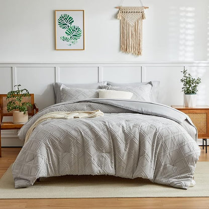 7 Pieces Tufted Bed in a Bag King Comforter Set with Sheets Light Grey, Soft and Embroidery Shabby Chic Boho Bohemian, Solid Color with Diamond Pattern, Jacquard Tufts Bedding Set for All Season